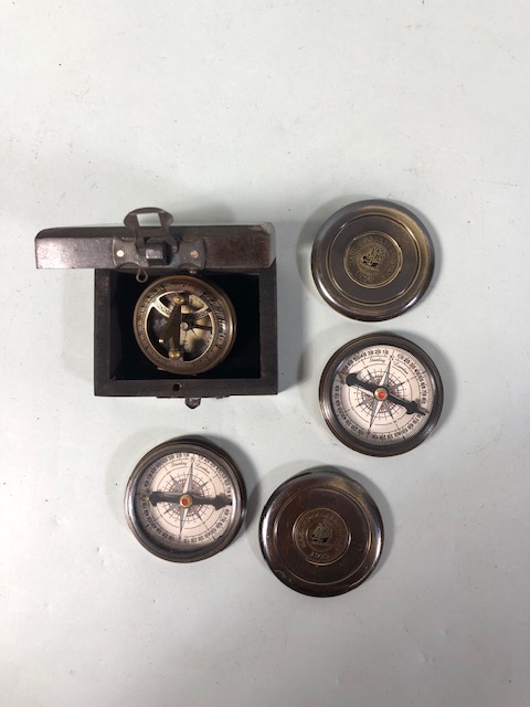 Three brass pocket compasses one in a wooden box - Image 3 of 4