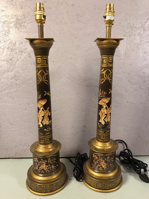 Pair of Wooden Chinoiserie style column table lamps each approximately 60cm in hight