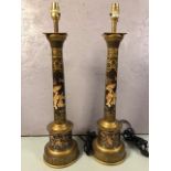 Pair of Wooden Chinoiserie style column table lamps each approximately 60cm in hight