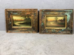 Pair of unsigned 19th century landscape paintings in contemporary decorated frames approximately