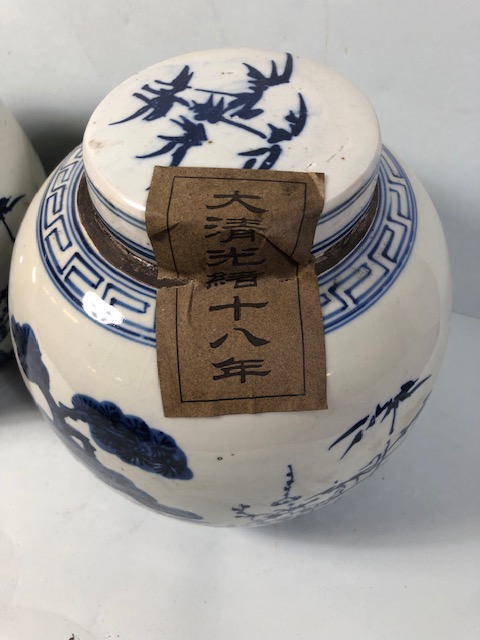 Pair of Blue and White Chinese ginger jars with paper labels, each approximately 22cm high - Image 2 of 12