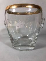 Glass Champagne or wine cooler with polished bronze rim, etched Pegasus design to front