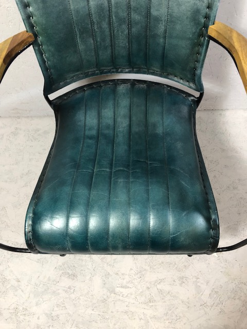 Contemporary style metal framed arm chair with blue green leather upholstery matches previous lot - Image 4 of 14