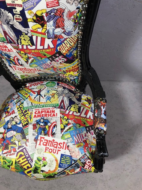 Antique style arm chair with a quirky twist, being upholstered in comic book design material - Image 2 of 15