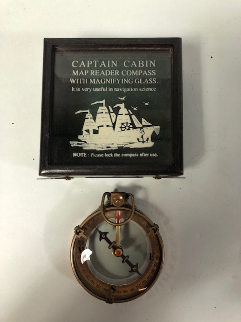 Brass ship style compass in a display box, brass pocket telescope in display box and a fold out - Image 4 of 10