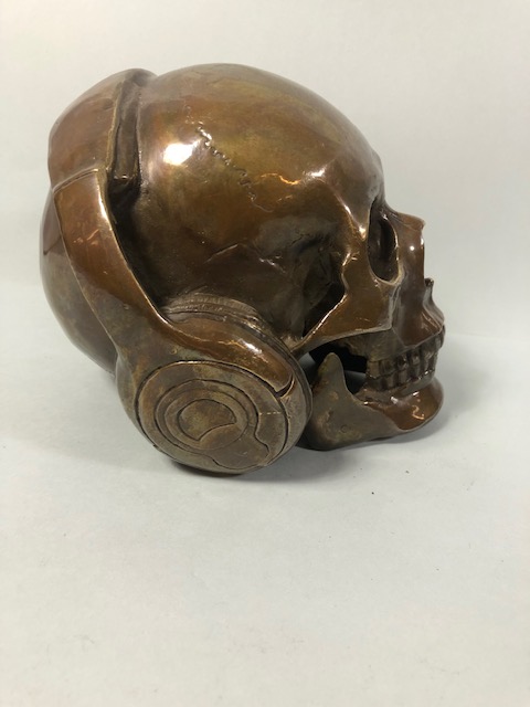 Brass Human Skull wearing headphones patinated finish approximately 14cm high - Image 4 of 4