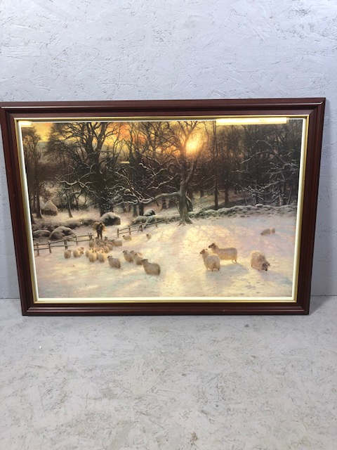 Modern framed and glazed print of sheep in a snowy winter field (j Farquharson) approximately 88
