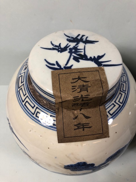 Pair of Blue and White Chinese ginger jars with paper labels, each approximately 22cm high - Image 3 of 12