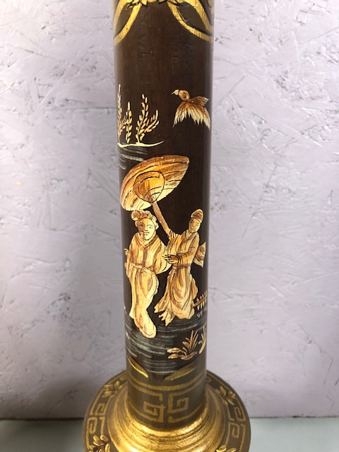 Pair of Wooden Chinoiserie style column table lamps each approximately 60cm in hight - Image 8 of 18