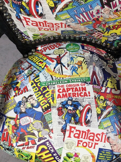 Antique style arm chair with a quirky twist, being upholstered in comic book design material - Image 3 of 15