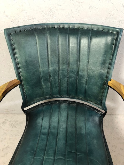 Contemporary style metal framed arm chair with blue green leather upholstery matches previous lot - Image 5 of 14