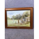 Cricket interest print, Pavilion End D E West, approximately 68 x 48 cm framed and glazed