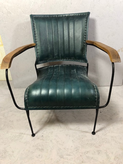 Contemporary style metal framed arm chair with blue green leather upholstery matches previous 2 lots