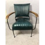 Contemporary style metal framed arm chair with blue green leather upholstery matches previous 2 lots