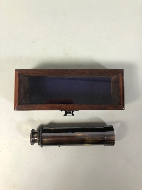 Brass ship style compass in a display box, brass pocket telescope in display box and a fold out - Image 8 of 10