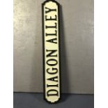 Wooden sign styled as street name plaque DIAGON ALLY, 68cm long