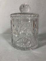 Glass lidded Ice bucket with wheel cut design approximately 16cm across