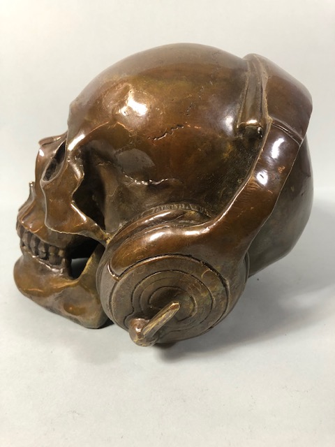 Brass Human Skull wearing headphones patinated finish approximately 14cm high - Image 2 of 4