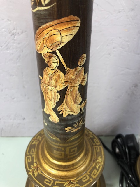 Pair of Wooden Chinoiserie style column table lamps each approximately 60cm in hight - Image 3 of 18
