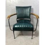 Contemporary style metal framed arm chair with blue green leather upholstery matches previous lot