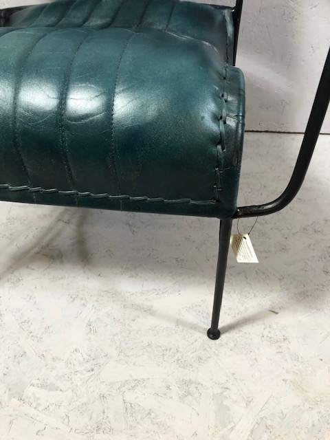 Contemporary style metal framed arm chair with blue green leather upholstery matches previous lot - Image 6 of 14