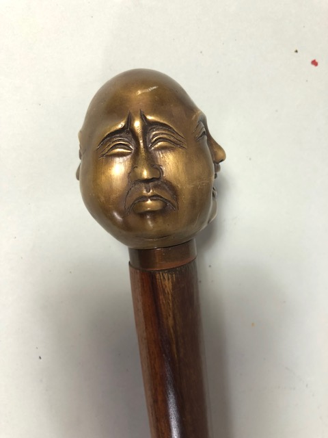 Walking stick toped with 4 face brass buddha head - Image 2 of 7