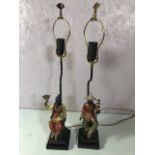 Pair of Table lamp bases of oriental figures on square columns, cast metal with painted