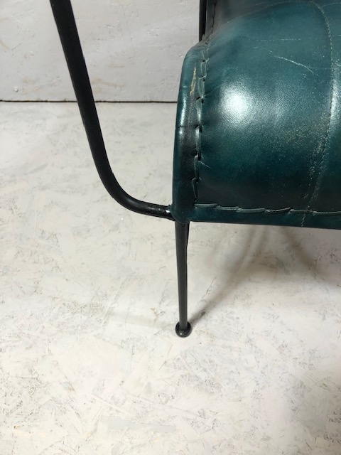 Contemporary style metal framed arm chair with blue green leather upholstery matches previous lot - Image 7 of 14