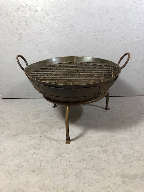 Large Garden Iron fire pit on stand with mesh grid approximately 62cm across