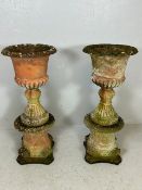 Two large three section Greek Neoclassical design terracotta garden urns or planters, on