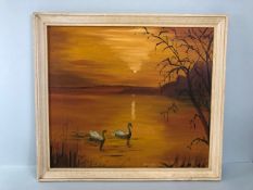 Paintings, framed 1970s painting on board of 2 swans in a burnt orange sunset, approximately 50 x