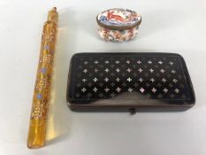 Antique 19th century Georgian Amber Glass perfume file with enamel decoration of flowers and dots,