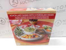1 BOXED OVER & BACK ACACIA LAZY SUSAN WITH PORCELAIN DISHES SERVING SET RRP Â£34.99