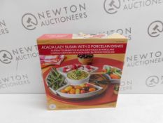 1 BOXED OVER & BACK ACACIA LAZY SUSAN WITH PORCELAIN DISHES SERVING SET RRP Â£34.99