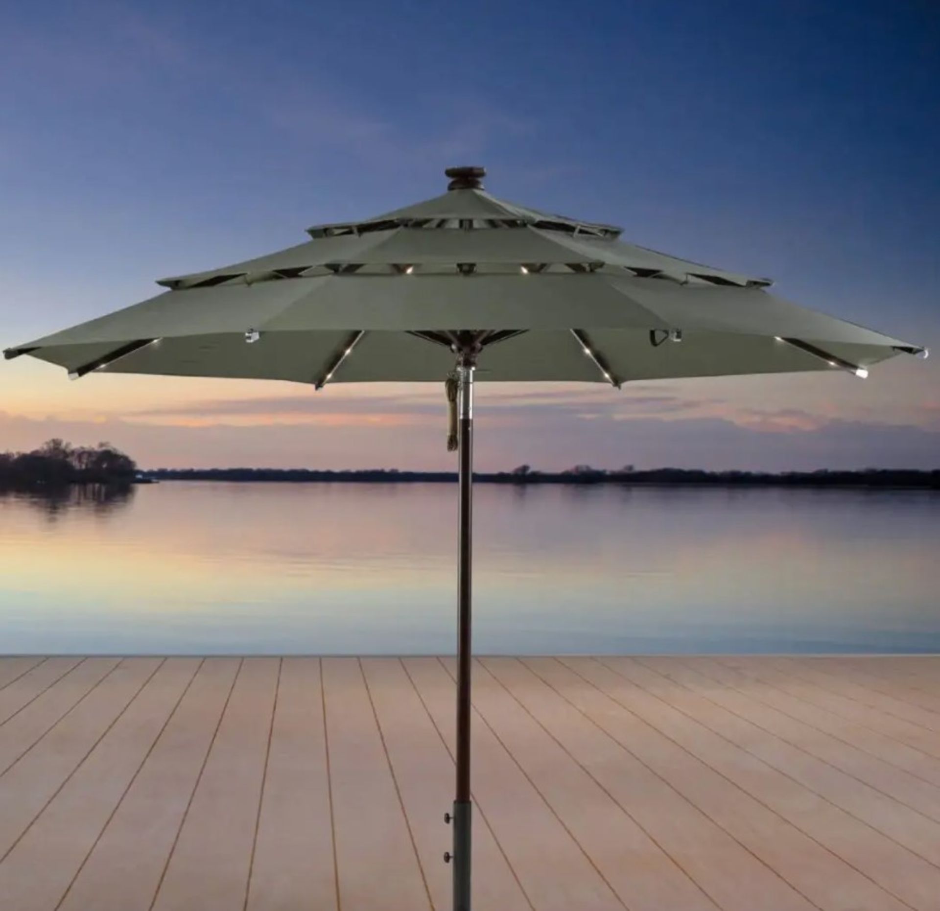 1 BOXED 3.36M / 11FT MARKET UMBRELLA WITH LED LIGHTS IN CAST SAGE RRP Â£399 (PICTURES FOR