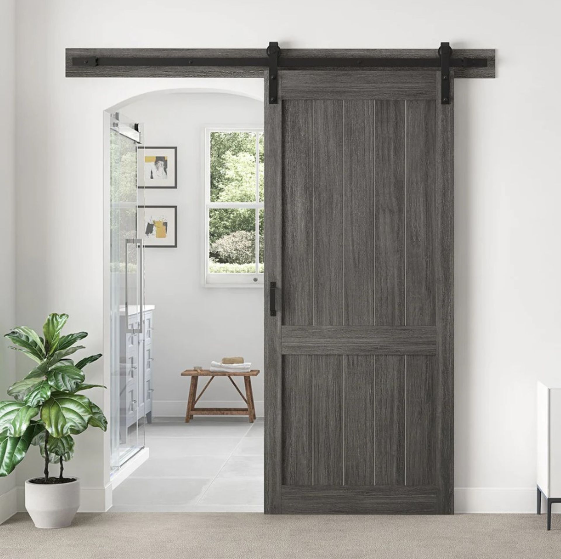 1 BOXED OVE DECORS HOMESTEAD SLIDING INTERIOR BARN DOOR IN CARBON GREY WOOD SIZE 91CM X 213CM RRP