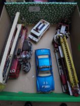 Small selection of play worn die cast toys incl 2 large Fire engines by Corgi