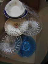 Mixed box containing glass and ceramic dishes on stands