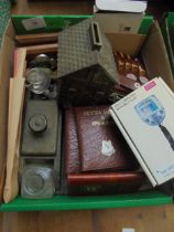 Mixed lot incl wooden and glass inkwell,