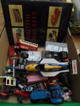 Mixed box of die cast toys (unboxed) together with book entitled British Die Cast