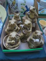 Collection of 6 comicial pottery frog figures by John Turrell,