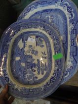 4 large blue and white ceramic meat serving plates