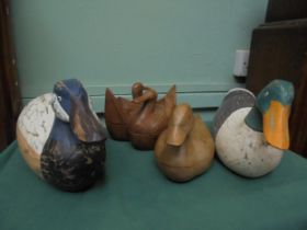 2 large re-production decoy ducks and 2 wooden lidded ducks