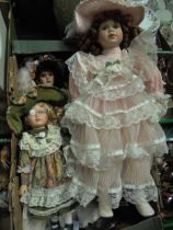 3 Victorian style dolls on stand of modern era