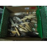 Box containing a selection of plated bone handled cutlery, fish knives and forks, spoons etc.