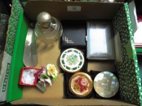 Magpie box of various ladies compacts, stainless steel cigarette box,