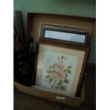 4 framed watercolours of roses and 2 framed paintings on copper together with a commemorative coin