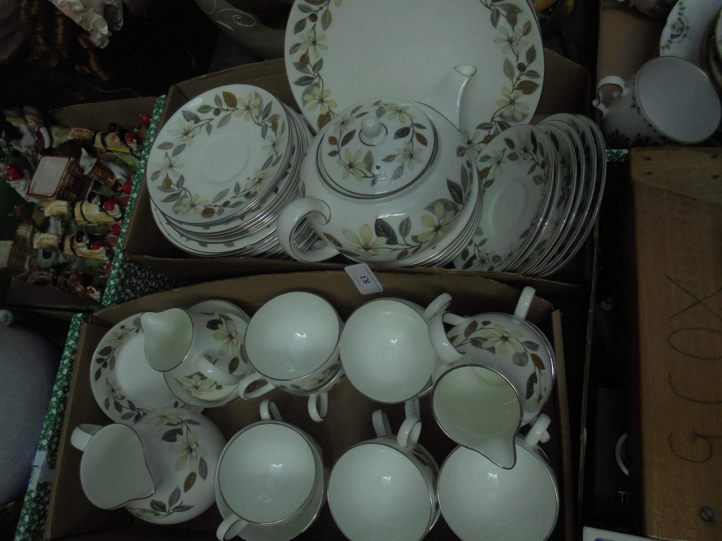 2 boxes containing tea service marked Wedgwood, Beconsfield, cups saucers, milk jugs, plates,