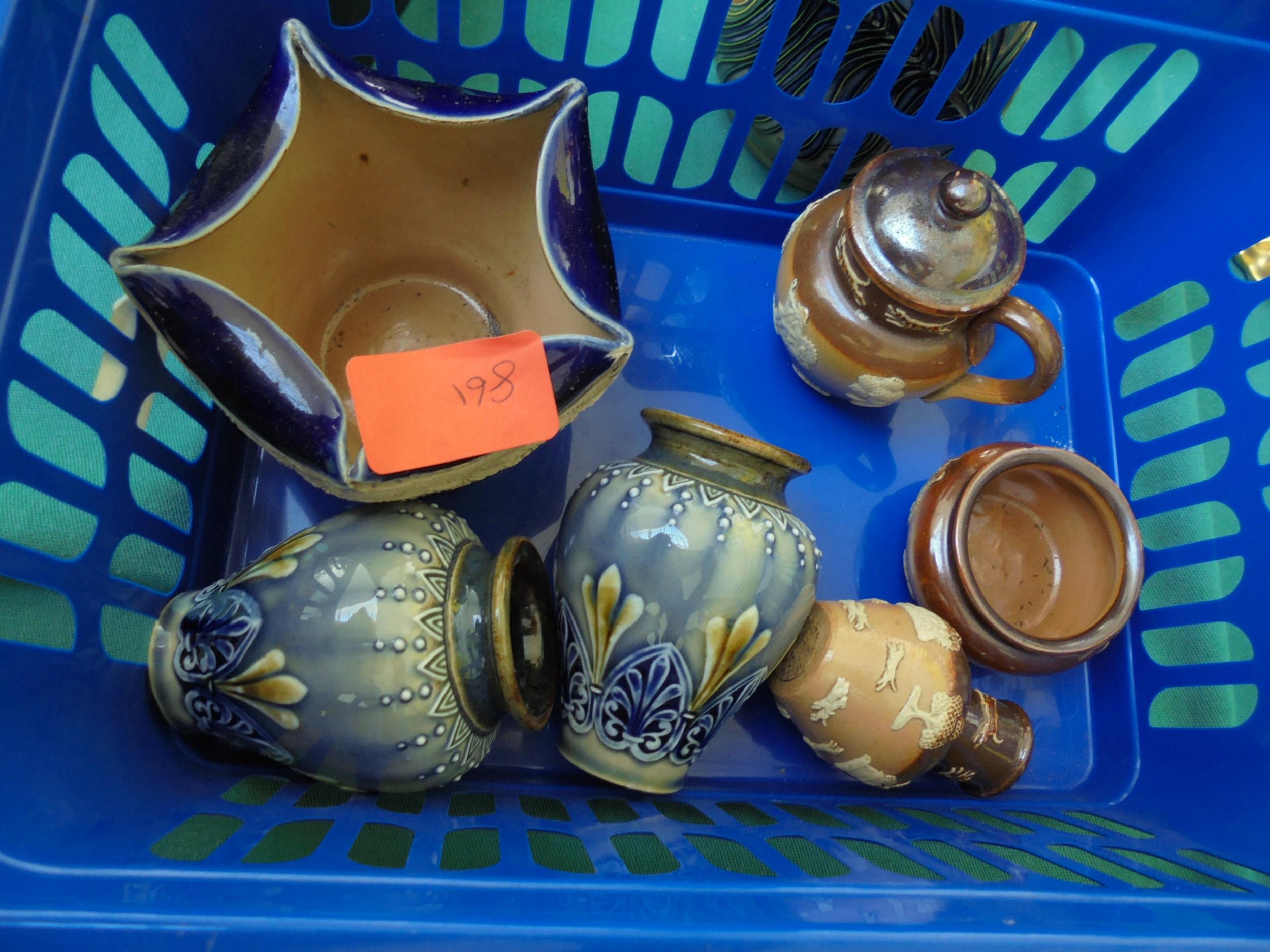 Selection of Doulton Lambeth ware, 2 small matching vases,