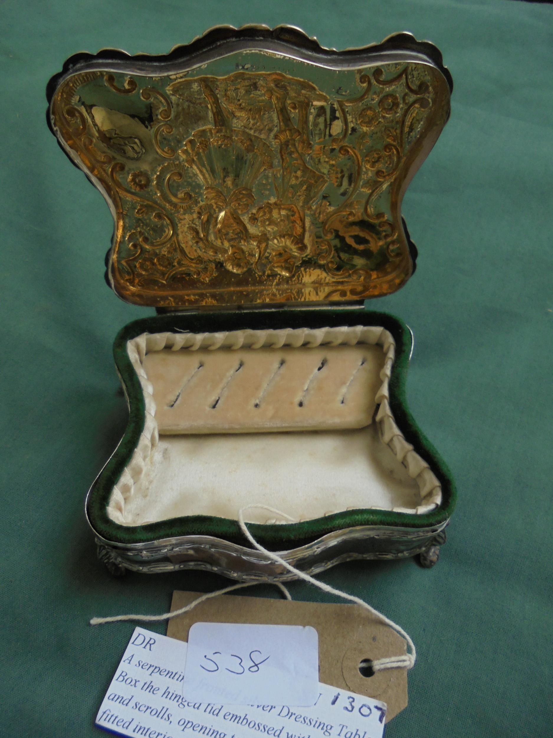 Highly ddecorated laddies jewellery/ring box with hinged lid, serpentine front,